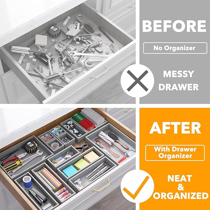 SpaceAid 14-Piece Bamboo Drawer Organizer Storage Boxes Set, Wood Tray Junk Drawer Organizers Multi-Use Divider Bins for Kitchen, Bathroom, Office Desk and Makeup Organization (14 Pack, Gray)-Ruum Studio Home