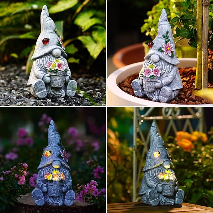 Goodeco Sitting Gnome Holding Flower Statue - Solar Garden Gnomes Decor for Outside with LED Lights, for Women or Moms, Housewarming Gnome Decorations-Ruum Studio Home