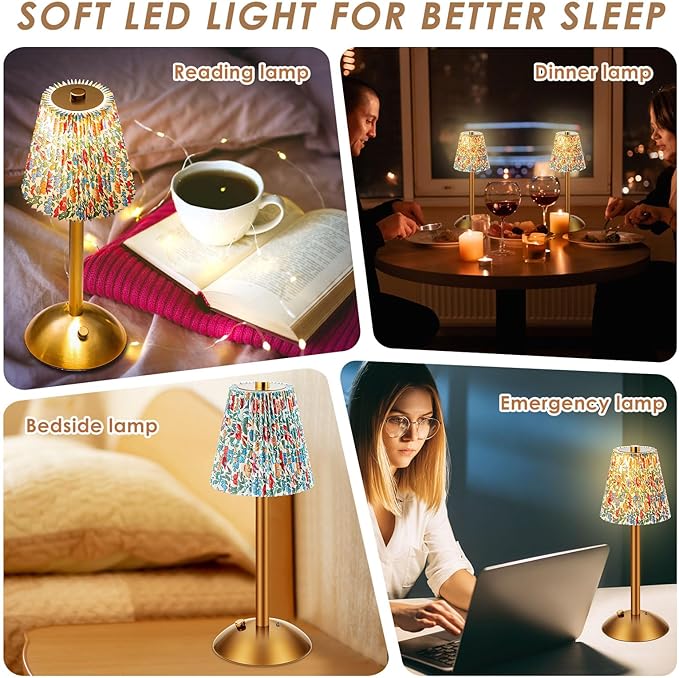 Liliful 2 Pcs LED Portable Cordless Table Lamp Touch Battery Operated Rechargeable Desk Lamp 3 Color Dimmable for Bedroom Living Room Dining (Floral Style,Gold)-Ruum Studio Home