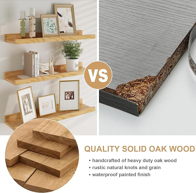 Floating Picture Ledge Shelves 36 Inch Solid Oak Wood Set of 2, Rustic Wall Storage Shelves with Lip, Kids Bookshelf, Photo & Picture Ledge Shelves for Bedroom, Living Room, Kitchen-Ruum Studio Home