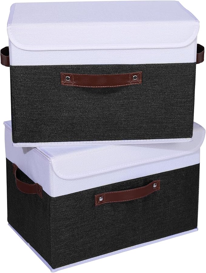ANMINY 4PCS Storage Boxes with Lid Washable Decorative Storage Bins Basket with PU Leather Handle Foldable Linen Fabric Storage Cubes Containers for Home Closet Organizer - Black White, Large Size-Ruum Studio Home
