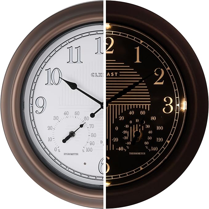CLXEAST 18 Inch Illuminated Outdoor Indoor Atomic Analog Wall Clock with Temperature & Humidity, Lighted Outdoor Clocks for Patio Large Waterproof with Thermometer,Bronze Finish,House Warming Gifts-Ruum Studio Home