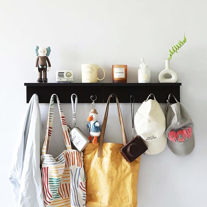 Entrance Coat Rack ，Coat Hooks, Wall-Mounted Wooden Hook Rack, Wall-Mounted Shelves are Very Suitable (Black Finish-2)-Ruum Studio Home