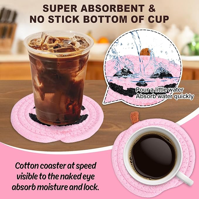 Whaline Halloween Pumpkin Cotton Coasters Pink Pumpkin Face Handmade Braided Drink Coasters Absorbent Cup Mats for Trick or Treat Party Home Table Decor, Set of 4-Ruum Studio Home
