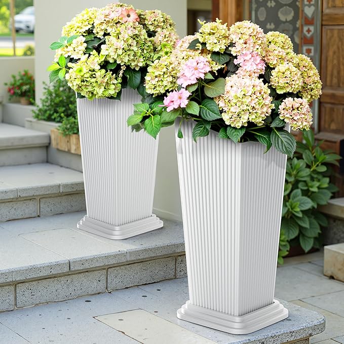 FENCY Set of 2 Tall Planters for Outdoor Plants, 24 Inch Large Tapered Pots with Drainage Trays, Weather-Resistant Plastic Plant Containers for Patio, Porch, Garden, Front Door Decor,White, Striped-Ruum Studio Home