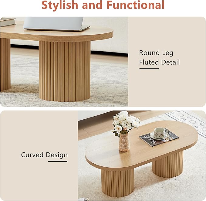 Oval Fluted Coffee Table, Farmhouse Wood Coffee Table Mid Century Modern Center Table Boho Living Room Tables for Living Room Office (Natural, 19.69" D x 39.38" W x 13.78" H)-Ruum Studio Home