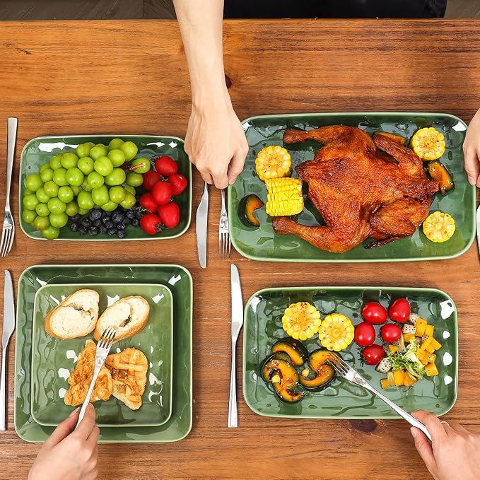 vicrays Ceramic Rectangle Serving Platters - 14" 12" 10" Porcelain Serving Trays Plates for Party BBQ Appetizers Sushi Dessert - Microwave Oven and Dishwasher Safe - Set of 3 Green-Ruum Studio Home