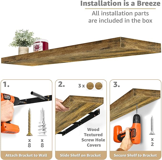 Sorbus Floating Shelves for Wall - 48 Inch Long Bathroom Shelves, Wall Decor for Bedroom, Kitchen, Living Room & Book Storage - Mounted Floating Shelf with Invisible Brackets (Rustic Brown, 3 Pack)-Ruum Studio Home