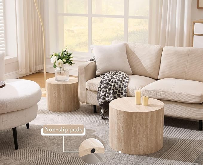 CIMOTA Round Wood Nesting Coffee Table Set of 2, Modern Circle Travertine End Side Table Sets for Living Room, Light Wooden Color/No Assembling-Ruum Studio Home