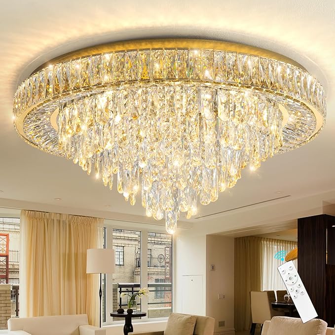 Modern Crystal Chandeliers for Living Room Ceiling Light Fixture LED Dimmable Lamp with Remote Pendant Lighting Flush Mount Ceiling Light for Dining Room Bedrooms Foyer-Ruum Studio Home