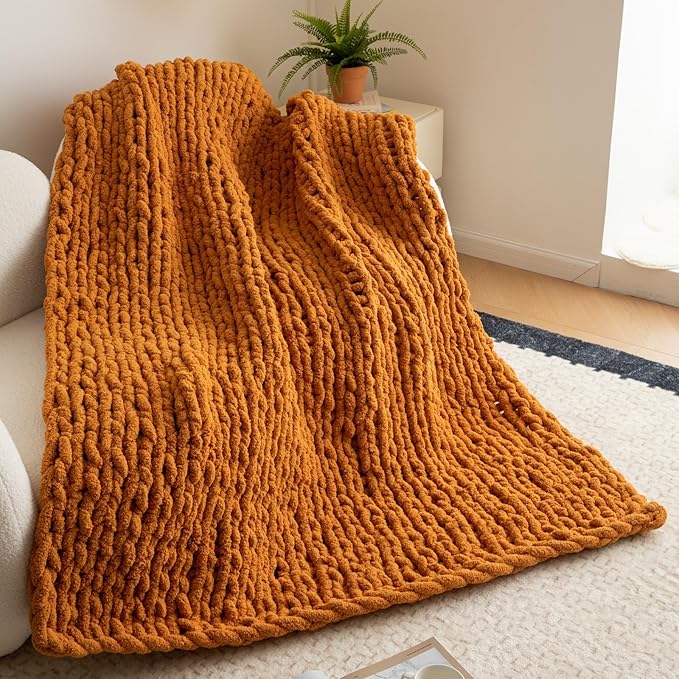 WESHIONGOO Chunky Knit Blanket Throw 50"×60" Knitted Throw Blankets for Couch Bed Fall Throw Blanket Fluffy Soft Blanket with Jumbo Chenille Yarn Thick 100% Handmade (Burnt Orange)-Ruum Studio Home