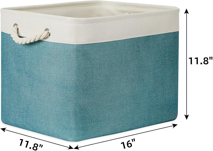 Bidtakay Foldable Storage Bins Set of 2 Tall Cloth Baskets 16" X 11.8" X 11.8" Decorative Organizers for Linen Closet (White & Teal)-Ruum Studio Home