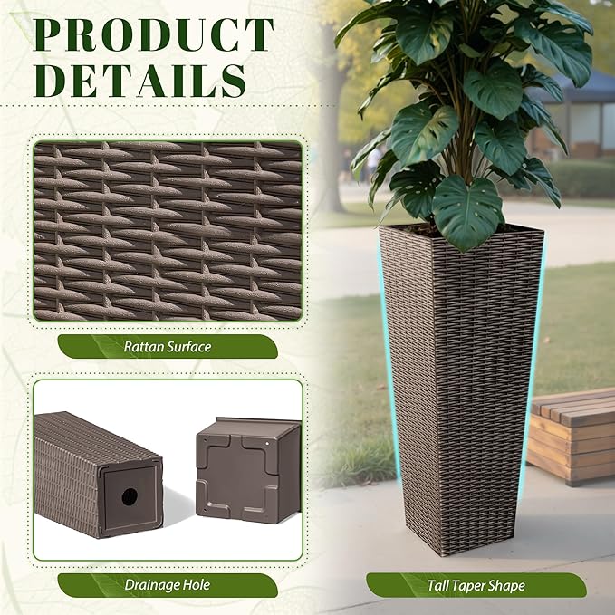 JUMMICO Set of 2 Resin Rattan Tall Planters for Outdoor Plants, Large Tapered Planters with Drainage Holes&Inner Trays, Flower Pots for Garden, Patio, Porch, Backyard (Brown, 32'')-Ruum Studio Home