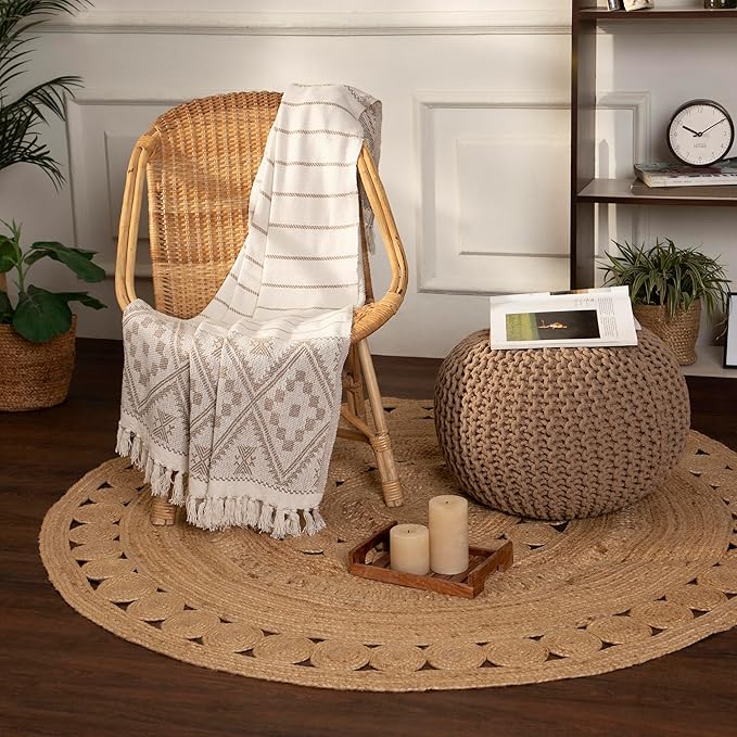 REDEARTH Round Pouf Ottoman - Hand Knitted Cable Boho Poof Home Décor Pouffe Circular Footrest for Living Room - Bedroom - Lounge - 100% Cotton (19.5"x19.5"x14") - Beige-Ruum Studio Home
