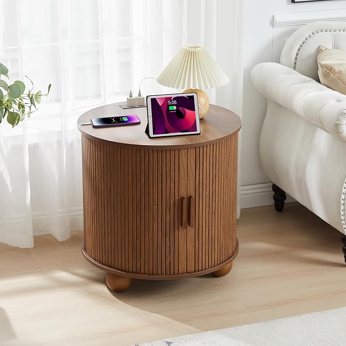 Farmhouse Round End Table with Charging Station, 24" Large Fluted Sofa Side Table with Sliding Tambour Door & Storage, Mid-Century Wood Nightstand for Living Room, Bedroom (Walnut)-Ruum Studio Home
