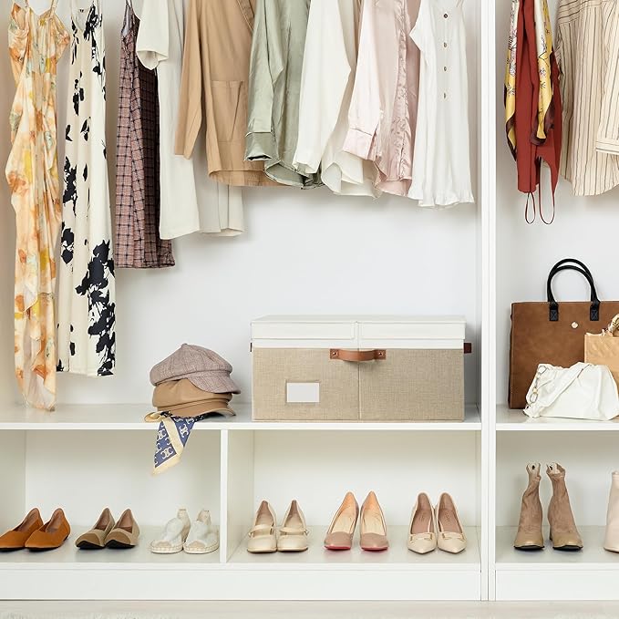 GRANNY SAYS Decorative Storage Boxes with Lid, Large Storage Bins with Double-Open Lid and Divider, Fabric Storage Bin for Clothes, 63L Closet Linen Storage Bin, White/Khaki-Ruum Studio Home