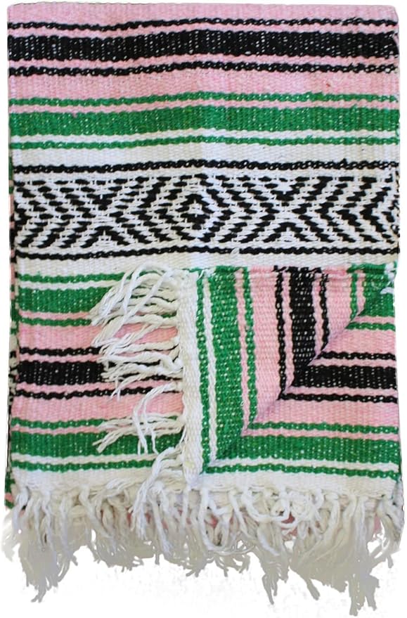 Del Mex Classic Mexican Blanket, Large Authentic Woven Falsa Throw (70"x50"), Artisan Southwest Décor for Beach, Yoga, Outdoors (Green/Pink)-Ruum Studio Home