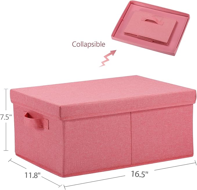 HOONEX Linen Foldable Storage Bins with Lids, 2 Pack, Storage Boxes with Carrying Handles and Sturdy Heavy Cardboard, 16.5" L x 11.8" W x 7.5" H for Shoes, Books, Clothes, Nursery, Pink-Ruum Studio Home