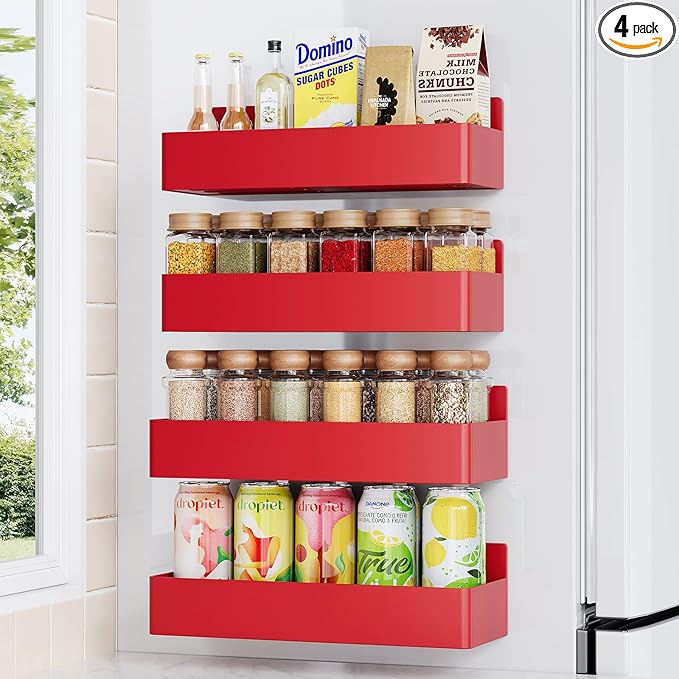 Magnetic Spice Rack for Refrigerator, Kitchen Organizer and Storage Shelf, Red (4 Pack)…-Ruum Studio Home