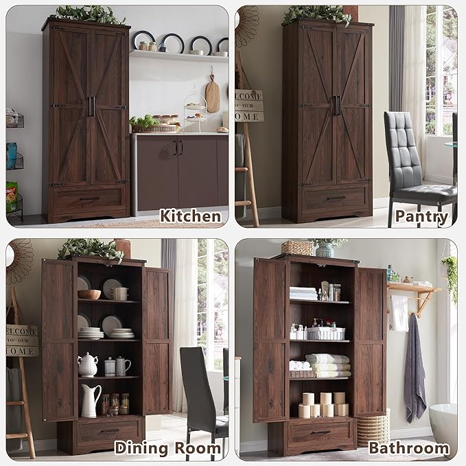 72" Tall Wood Storage Cabinet, Farmhouse Kitchen Pantry Cabinet with Adjustable Shelves & Drawer & Barn Doors, Versatile Storage for Kitchen, Dining Room, Bathroom, Brown-Ruum Studio Home