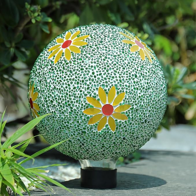 Gazing Ball 8 Inch Flower Glass Mosaic Garden Globe Outdoor Gazing Globe Yard Ornament for Garden Yard Home Lawn Outdoor Decoration Gift for Women (Not Solar Powered)-Ruum Studio Home