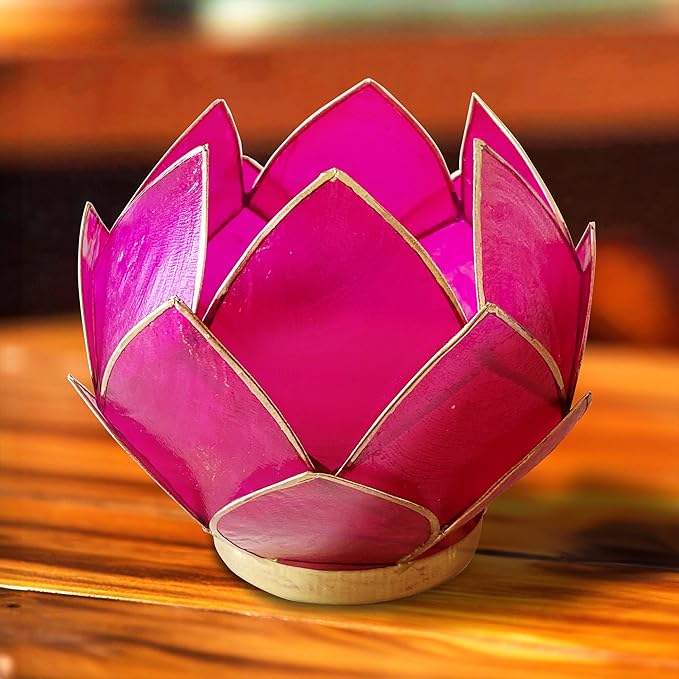 Blooming Lotus Capiz Shell Tealight Candle Holder, Handcrafted Decorative Tea Light Candleholder with Translucent Flower Petals for Ambient Illumination and Natural Elegance, Fuchsia-Ruum Studio Home
