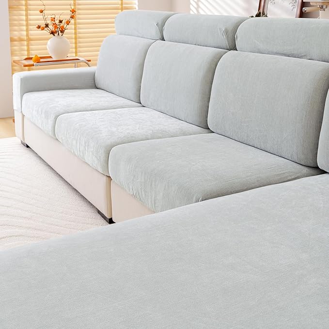 Chenille Sofa Armrest Covers, Soft Stretch Non-Slip Couch Arm Covers for Sofa, Chair or L Shaped Sectional, Furniture Protector (2 Pieces, Light Grey)-Ruum Studio Home