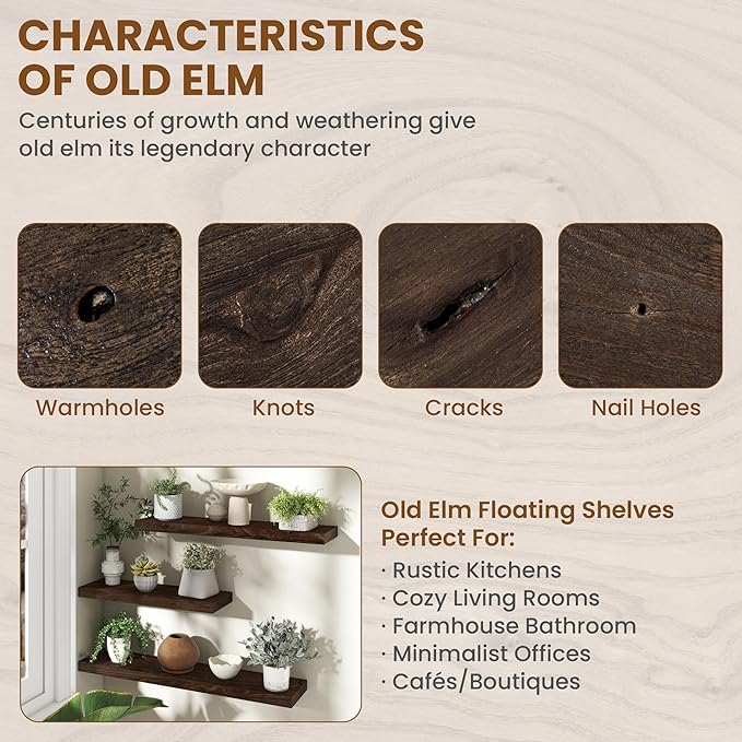 Wood Floating Shelves for Wall, 24" Floating Shelves Wall Mounted, Rustic Old Elm Wood Shelves for Home Decor, Heavy-Duty Storage Shelves for Books, Bathroom, Kitchen, Walnut Color, Set of 2-Ruum Studio Home