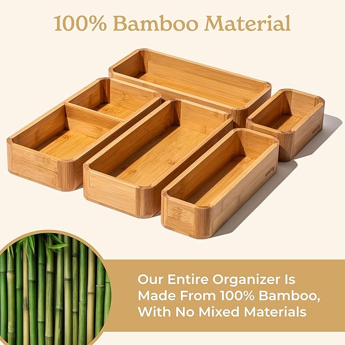SMIRLY 5-Piece Bamboo Kitchen Drawer Organizer Set for Large and Small Utensils, Multi-use Storage Box - Bathroom, Nightstand, Jewelry, Cutlery, Knife, Spice, Towel, Junk Drawer Tray-Ruum Studio Home