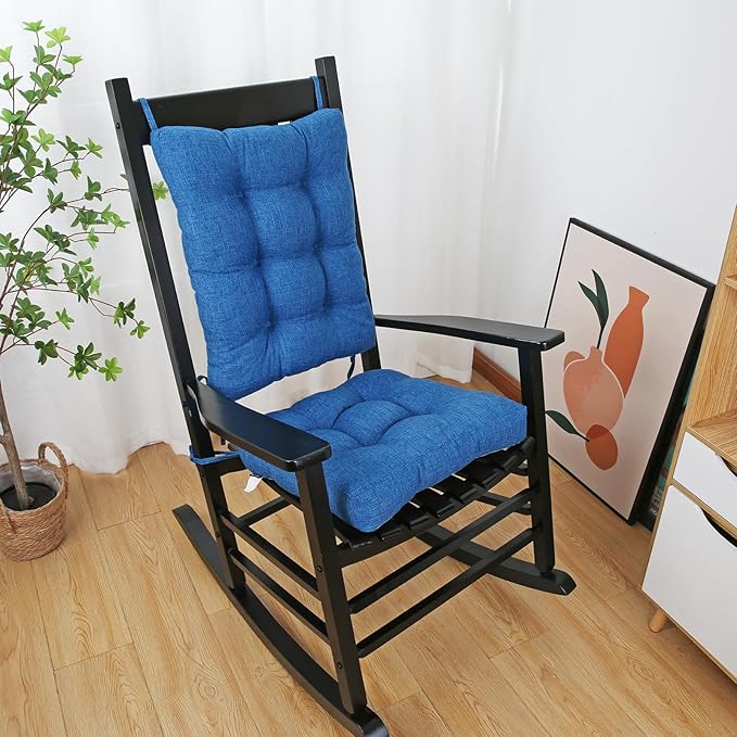 BUYUE Chair Cushion Set for Rocking Chair, Back Pillow & Seat Cushion with Ties, Original Woven Fabric Non-Slip Chair Pads for Elderly Sitting, Blue-Ruum Studio Home