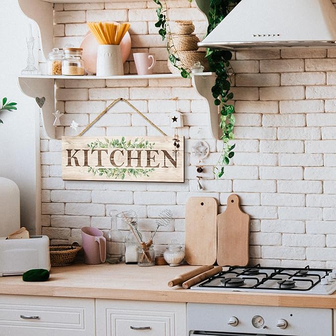 Kitchen Sign Wall Decor, Kitchen Wall Art with Plant Print, Rustic Farmhouse Wall Hanging Plaque Home Kitchen Decorative Kitchen, 4.7 x 13.7 inches-Ruum Studio Home