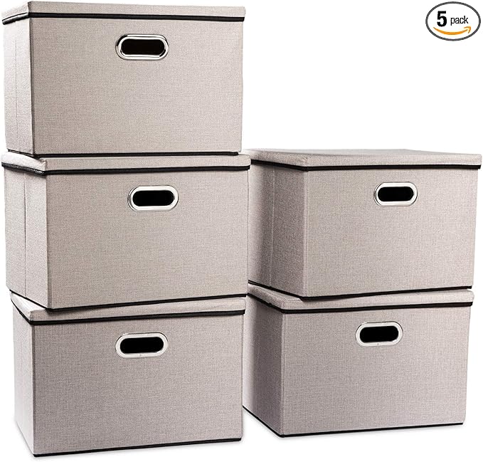 PRANDOM Large Foldable Storage Bins with Lids [5-Pack] linenFabric Decorative Storage Boxes Organizer Containers Baskets Cube(17.7x11.8x11.8) For 6+ Year Old Boys and Girls-Ruum Studio Home