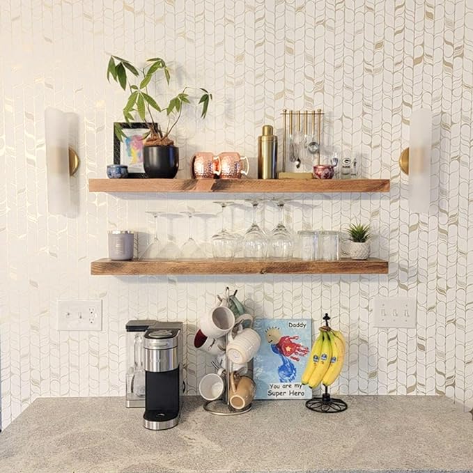 URBANDI, Rustic Floating Shelves, Set of 2, Hidden Bracket, Solid Wood, Heavy Duty, Wall Mounted Shelves, (Brown, 60Wx6D)-Ruum Studio Home