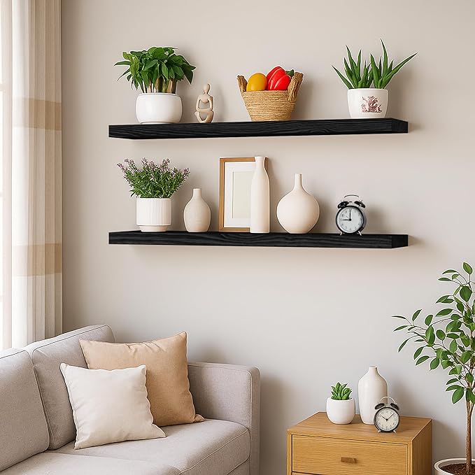 BGMG Wood Floating Shelves 36 inch Long,Wide Rustic Wooden Wall Shelves for Bathroom Living Room Bedroom Kitchen Farmhouse Set of 2-36x6.7x1.25 inch-Black-Ruum Studio Home