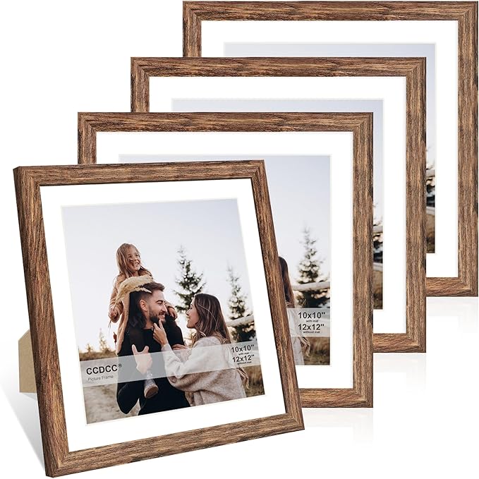 12x12 Picture Frame Set of 4, 12 x 12 Wood Photo Frames with Mat for 10x10 or 30x30cm Diamond Painting Art, Wooden Frame with Real Glass Cover for Wall and Tabletop Display,Rustic Brown-Ruum Studio Home