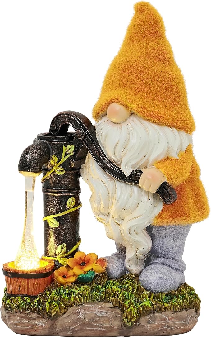 TERESA'S COLLECTIONS Fall Decor, Fall Gnomes Decor, Autumn Garden Gnomes Pumping Water with Solar Lights, Waterproof Resin Outdoor Fall Decor, Fall Gifts Outdoor/Indoor,9"-Ruum Studio Home