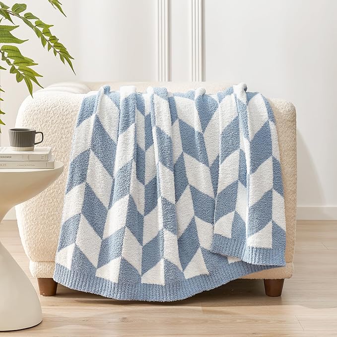 Snuggle Sac Twin Size Blue Blankets for Bed, Super Soft Warm Blankets Oversized Cozy Knit Fuzzy Blanket for Living Room, Chevron Blue,60x80 inches-Ruum Studio Home