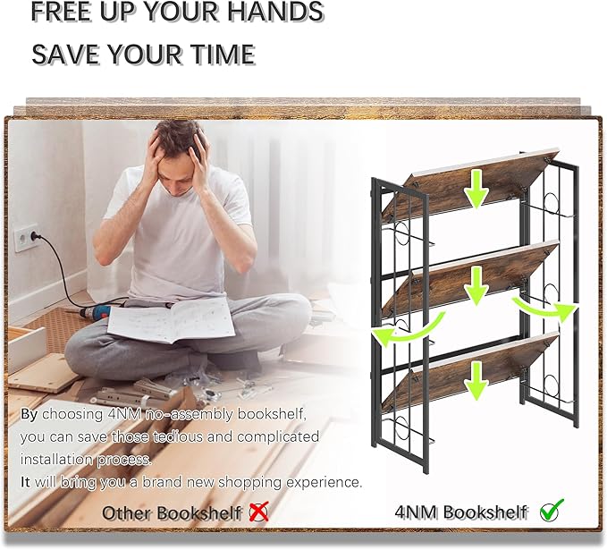 4NM No Assembly 3 Tiers Folding Bookshelf, 35" H Foldable Storage Shelves Vintage Bookcase Standing Racks Study Organizer Home Office - Rustic Brown Black-Ruum Studio Home