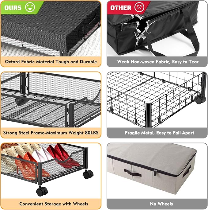 2 Pack Under Bed Storage with Wheels, 36" Lengthen Underbed Storage Containers with Lids, Large Capacity Under Bed Shoe Storage, Metal Clothes Organizer, Storage Box for Clothing Shoes Blankets Sheet-Ruum Studio Home