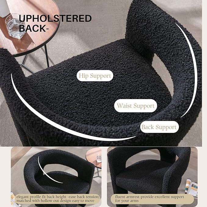 Black Sherpa Dining Chairs Set of 2, Modern Barrel Dining Room Chairs Upholstered Faux Fur Accent Chair with Arms and Round Back for Living Room Kitchen Armchair No Assembly Needed-Ruum Studio Home
