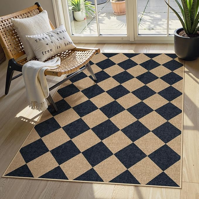 Lahome Checkered Easy Jute 3x5 Outdoor Patio Rug, Washable Rugs for Entryway Diamond Indoor Outdoor Living Room Carpet, Farmhouse Neutral Non Slip Black Door Carpet for Backyard Bedroom-Ruum Studio Home