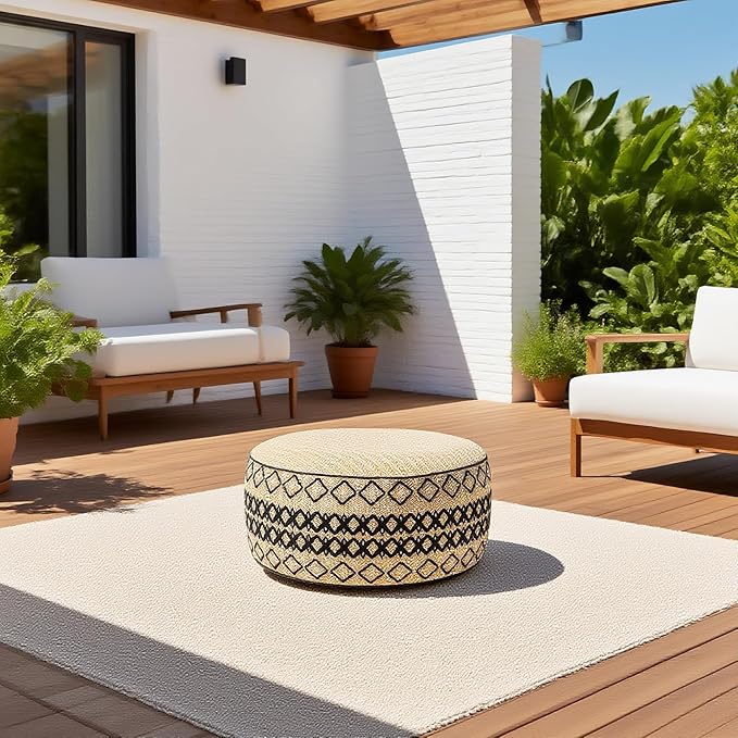 Outdoor Inflatable Ottoman with Air Pump, Embroidery Patio Footrest Stool D21”x H9”, Round Pouf Ottoman with Portable Handle Suitable for Garden, Camping, Bedroom, Living Room-Ruum Studio Home