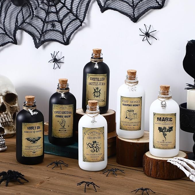 Uiifan 31 Pcs Halloween Potion Bottles Set Including Glass Apothecary Bottles with Cork Stickers and Pendants Halloween Decorations Indoor Party Supplies(White, Black,8.5 oz)-Ruum Studio Home