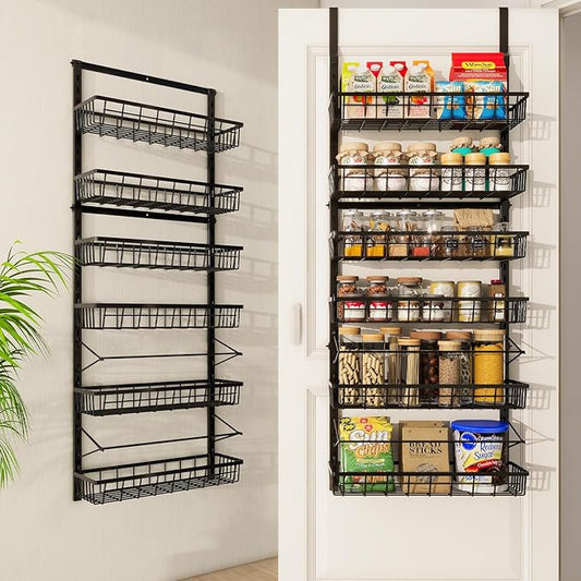 Over The Door Pantry Organizer, Pantry Storage and Organization, 6-Tier Adjustable Hanging Baskets, Metal Wall Mount Spice Rack Seasoning Shelves for Home & Kitchen, Laundry Bathroom - Black-Ruum Studio Home