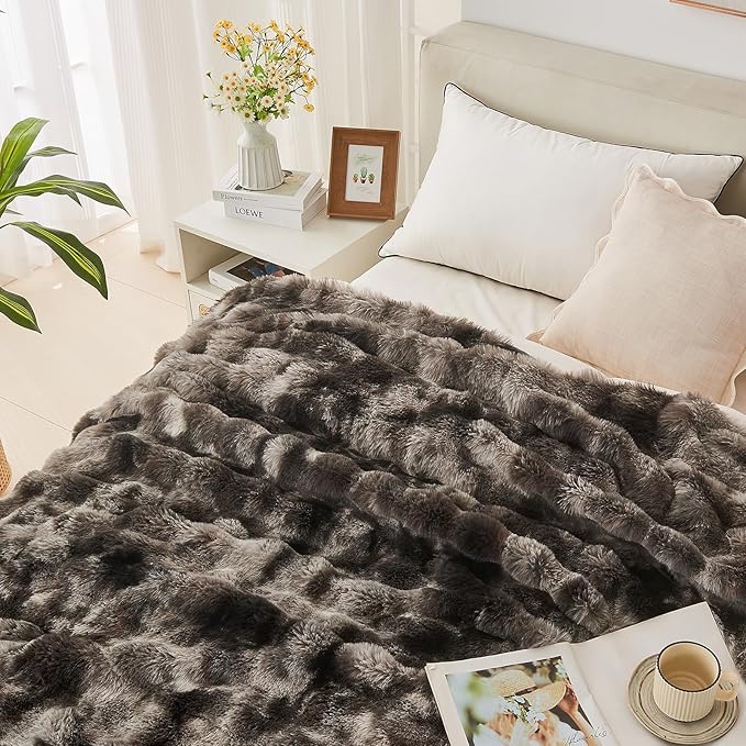 Lotus Karen Faux Fur Blanket Tie-Dye Dark Gray Twin Size - Big Bubble Rabbit Fluff Throw for Couch Small Fluffy Fuzzy Cozy Thick Furry Plush Shaggy Blankets 60x80 Inches-Ruum Studio Home