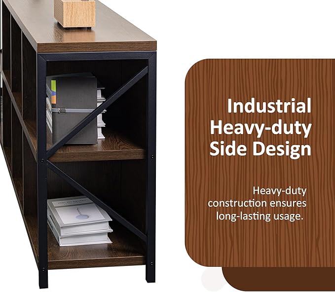 8 Cube Storage Organizer Bookshelf, Industrial Horizontal Bookcase, Accent Cubby Shelf, Media Console Table for Living Room, Home Office, 63 Inches, Brown Walnut-Ruum Studio Home