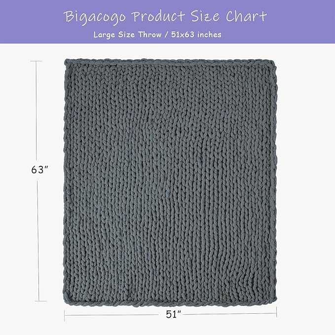Bigacogo Chunky Knit Throw Blanket for Couch, 51x63 inches, 100% Hand Knitted with Thick Jumbo Chenille Yarn, Cozy Soft Large Rope Knot Cable Crochet Blankets for Sofa Bed Living Room, Iron Gray-Ruum Studio Home