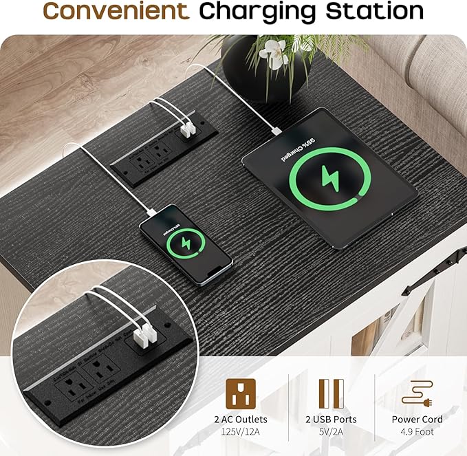 Farmhouse Side Table with Storage Cabinet, End Table with Adjustable Shelf, Large Night Stand, Wood Nightstand with Charging Station, 24" End Tables Living Room, Rustic Bed Side Tables Bedroom-Ruum Studio Home