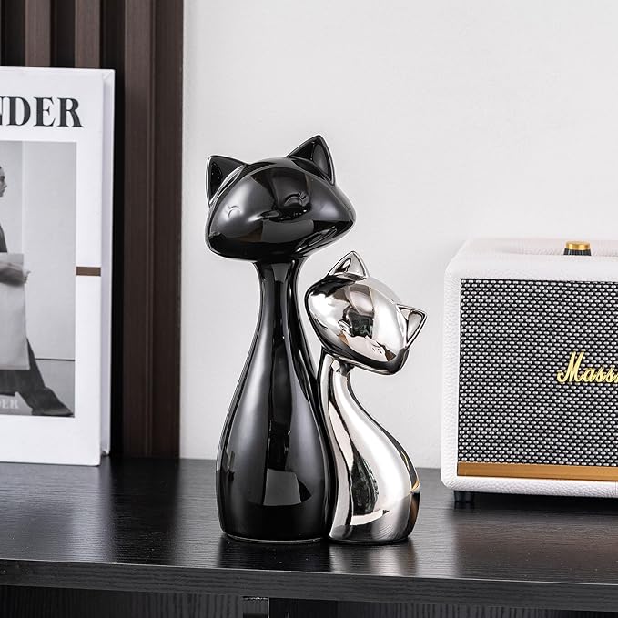 Ceramic Cat Statue Set, Black & Silver Cute Home Decor Figurines, Lucky Cats Desk Accessories for Cat Lovers, Memorial Cats Themed, Modern Collectible Decor for Bookshelf, Living Room-Ruum Studio Home