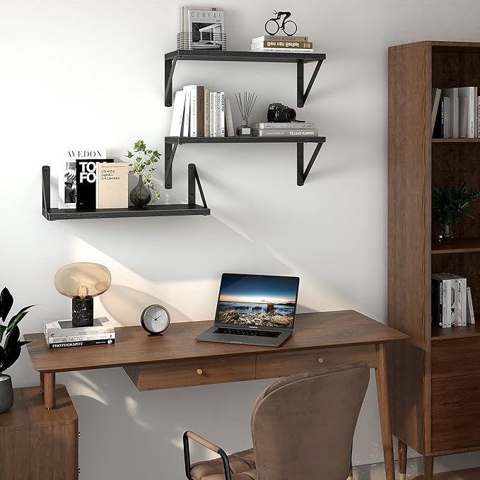 Heimlove Floating Shelves for Wall, 16 Inch Long Wood Floating Shelves Set of 3, Wall Mounted Hanging Shelf for Bathroom Bedroom Kitchen, Black-Ruum Studio Home